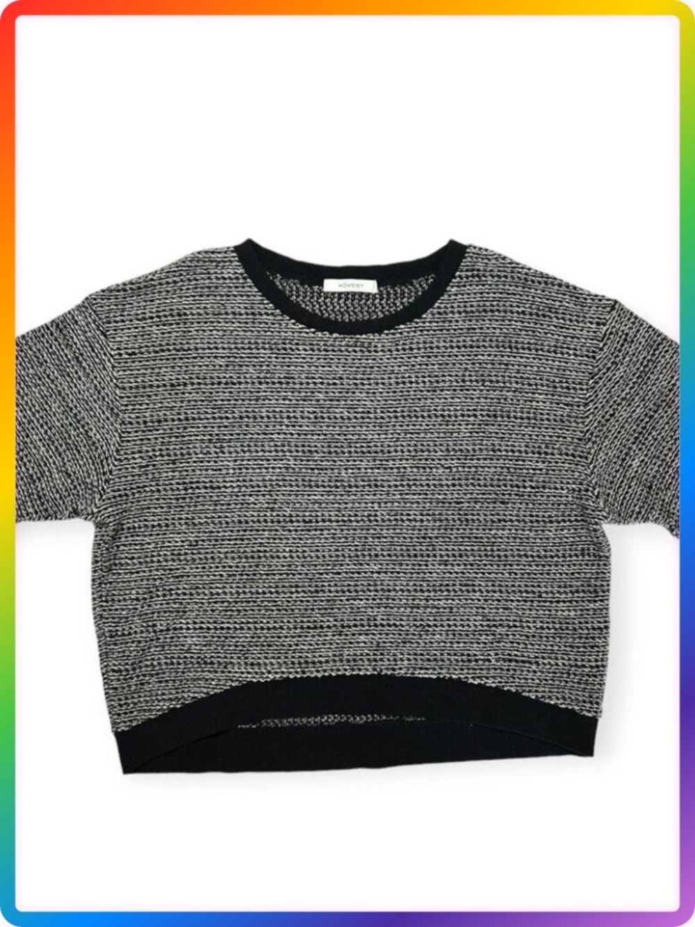 Moussy Cable Knit Crop Sweater ONE SIZE Black White Oversized Short Sleeve Crew